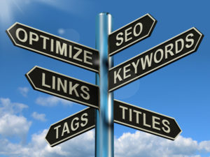 SEO Optimize Keywords Links Signpost Showing Website Marketing Optimization road sign for local seo