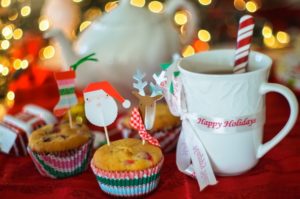 muffins, tea, and holiday drink filled with holiday cheer from marketing campaign